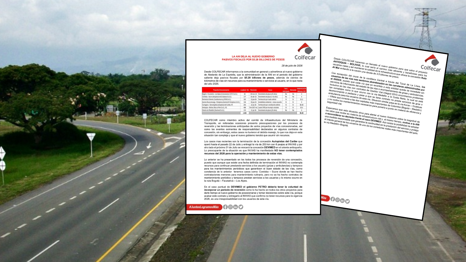 Colfecar alerta por $5,28 billones en pasivos de concesiones viales